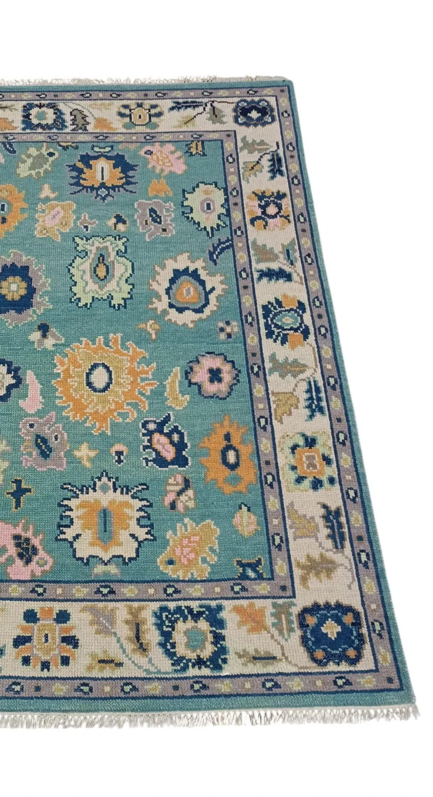 Teal Multi Hand Knotted Oushak Wool Area Rug, Colorful Floral Medallion Design