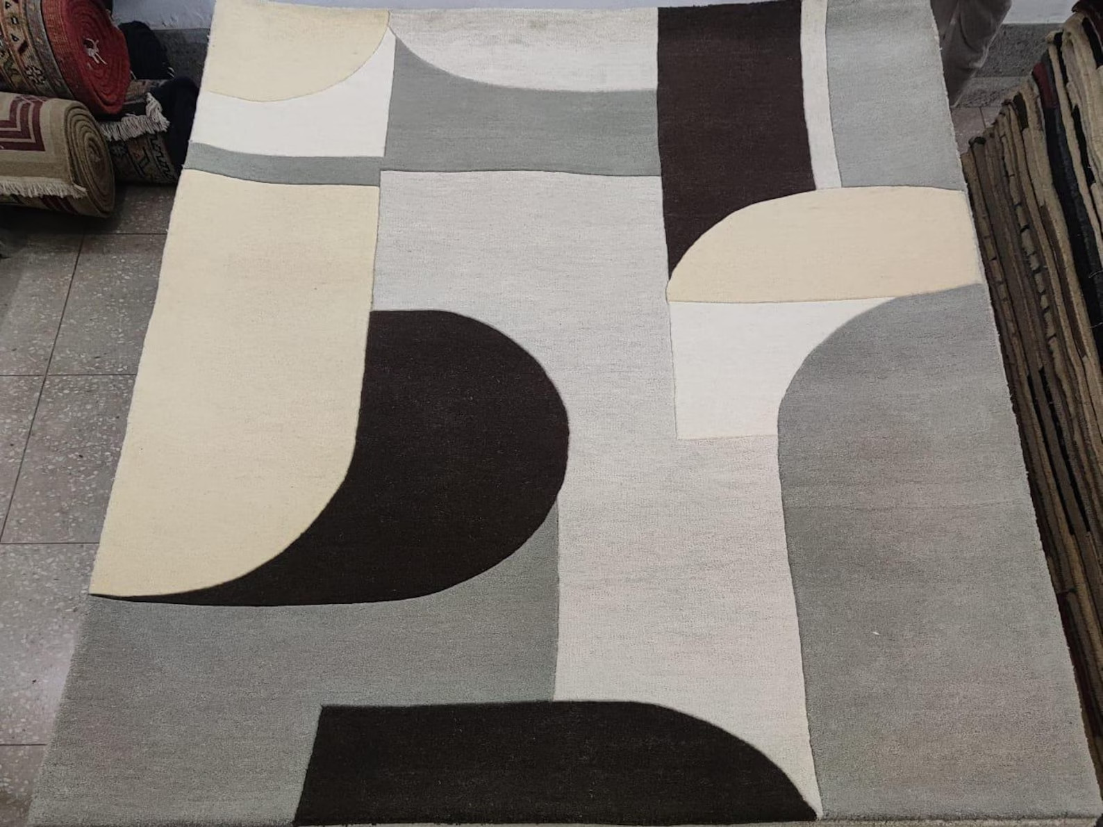 Modern Abstract Hand-Tufted Wool Rug Geometric Shapes Neutral Tones Customizable