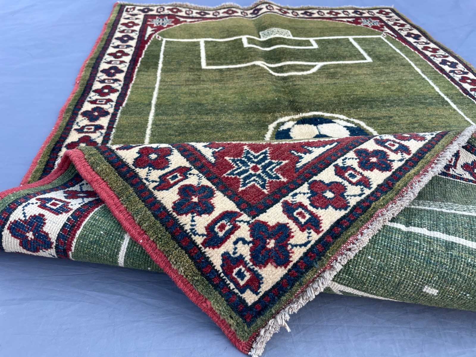 2×4 Pictorial Afghan Football Rug with Soccer Field Design and Floral Tribal