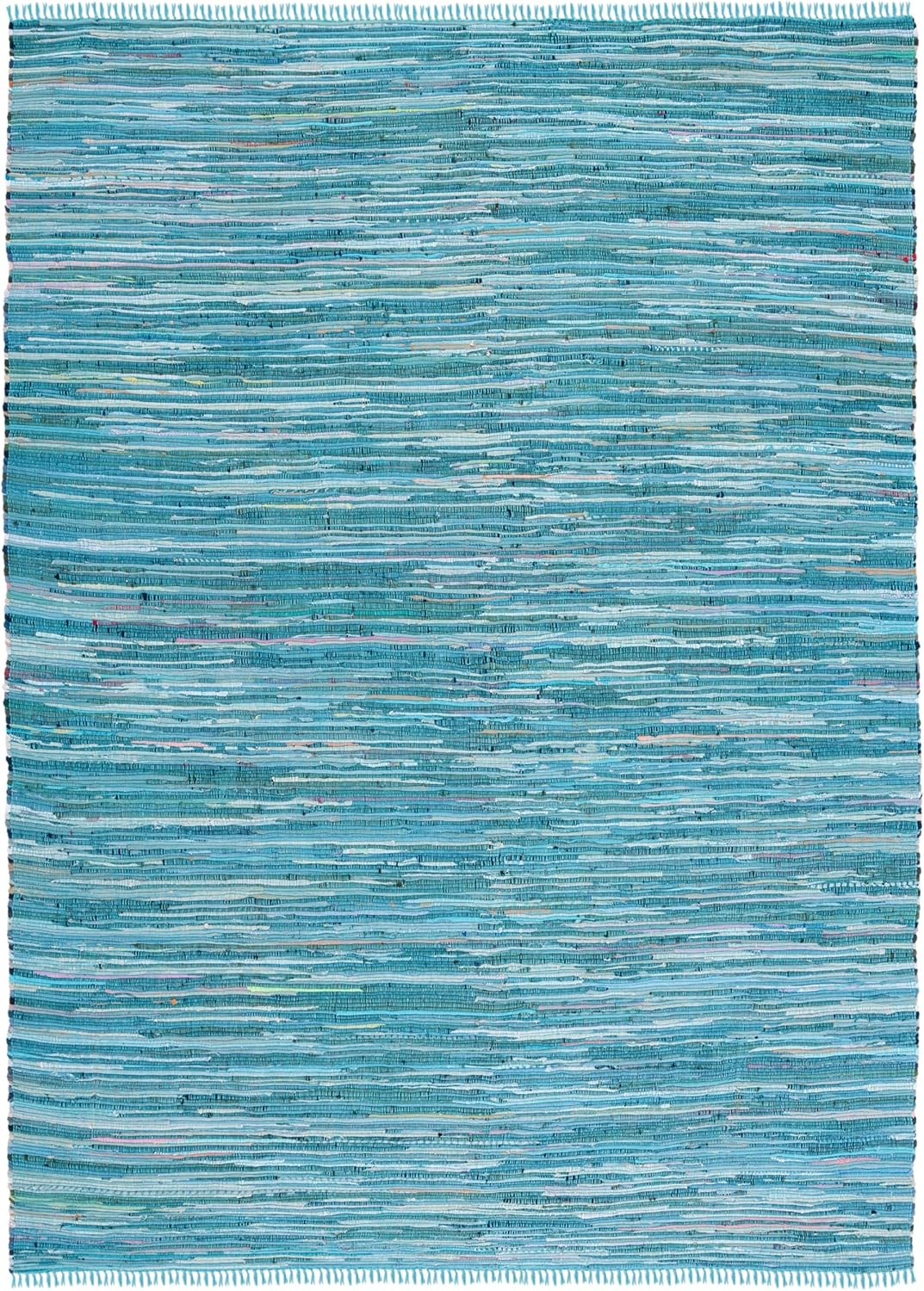 Handmade Boho Stripe Rag Rug – 10′ x 14′, Blue & Multi, Durable for High Traffic