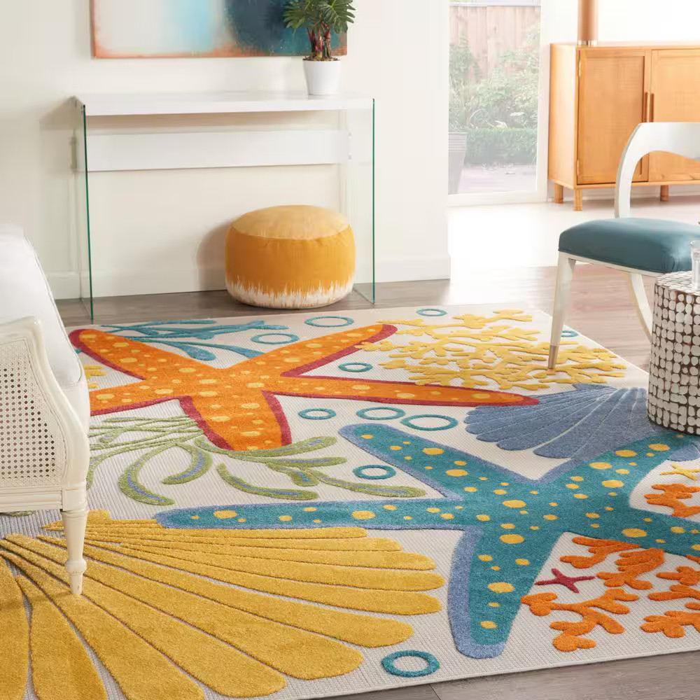 Aloha Multicolor 9 Ft. X 12 Ft. Nautical Contemporary Indoor/Outdoor Patio Area