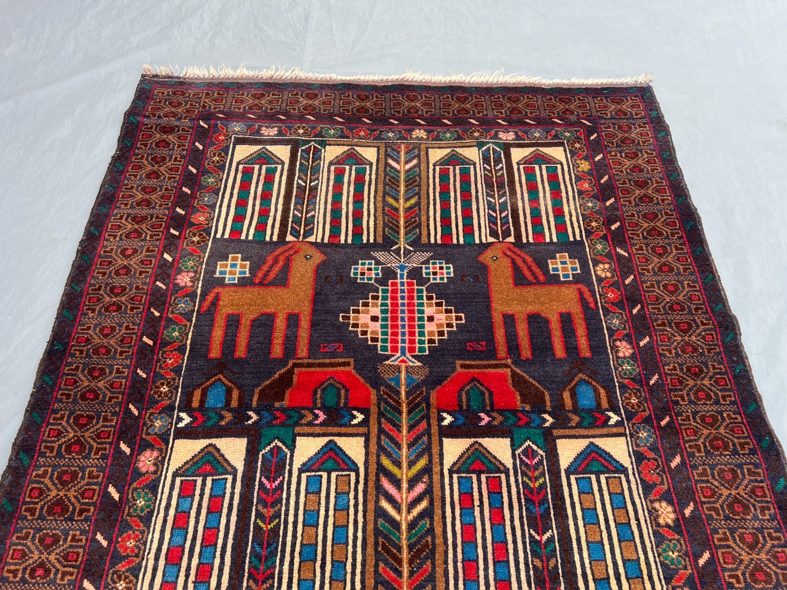 3×6 Rare Baluchi Pictorial Rug Afghan Wool Carpet Animal Village Folk Art Decor