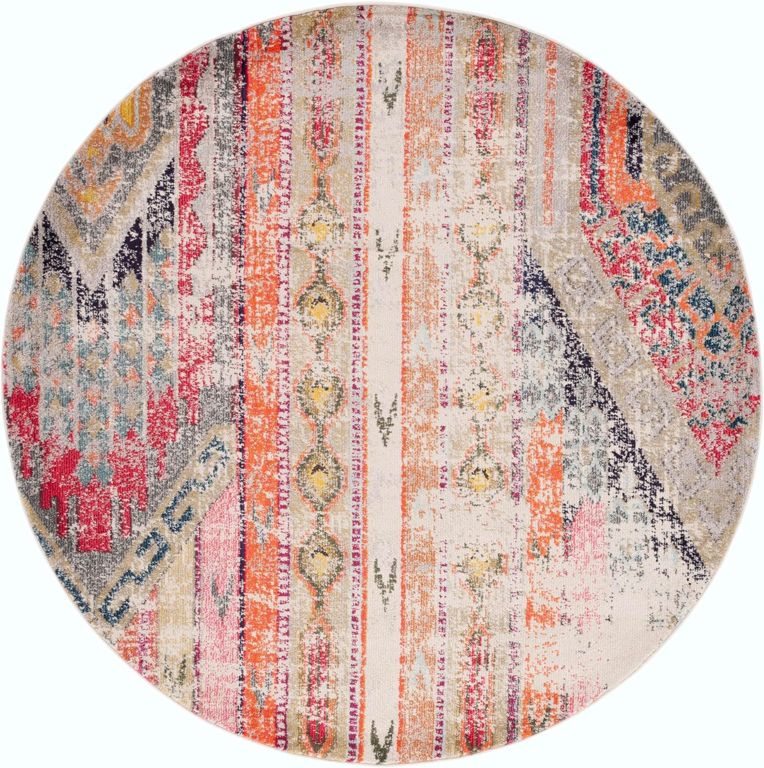 Monaco 6’7″ Round Area Rug – Light Grey Boho Chic, Non-Shedding, Easy Care