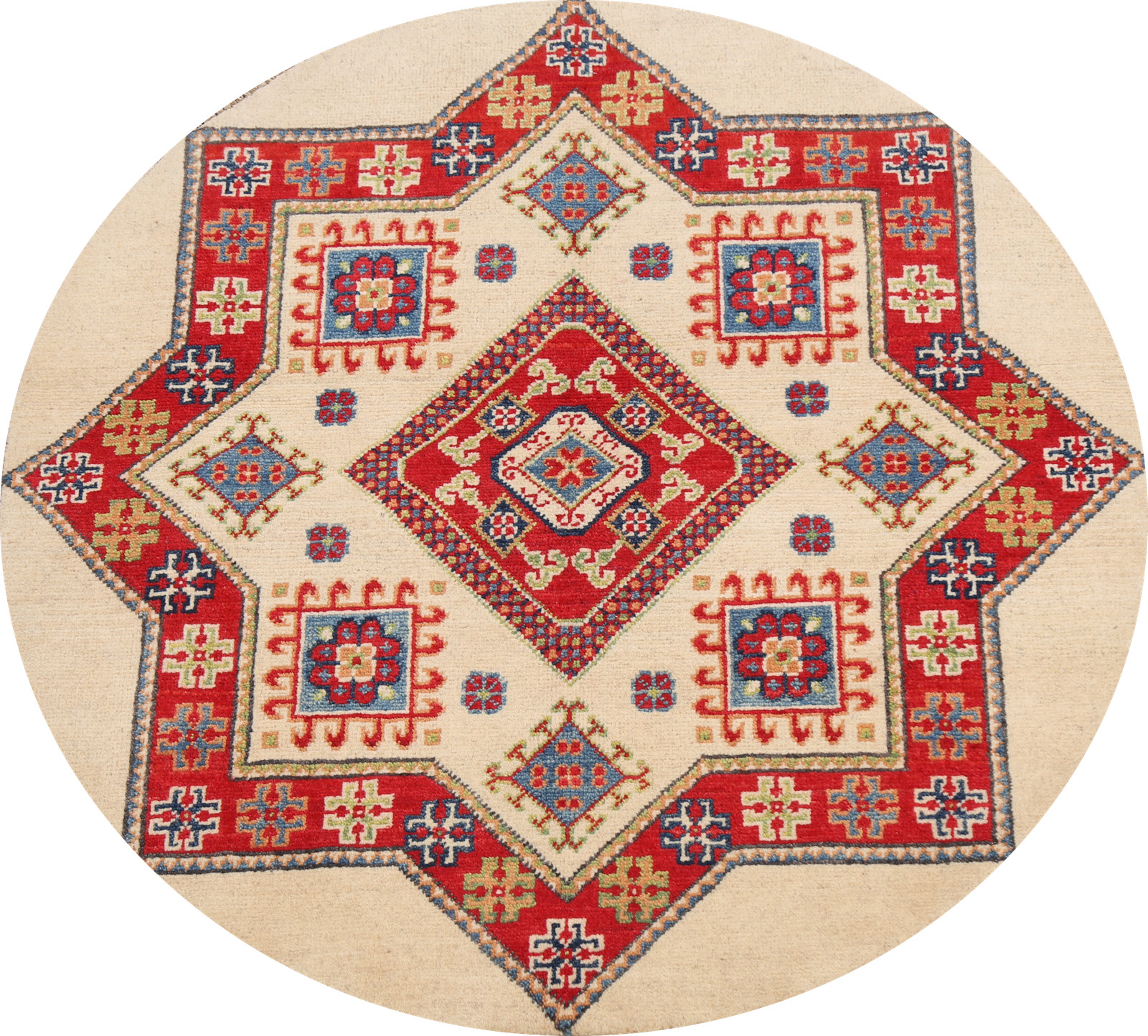 Vegetable Dye Ivory Wool Hand-made Round Super Kazak Oriental Rug 3×3 Carpet