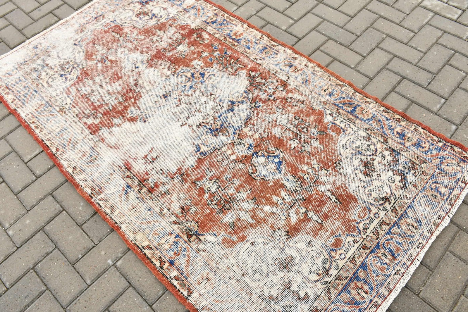 3,7×6,6 ft Rug, Vintage Turkish Rug, Red Blue Polka dot Rug