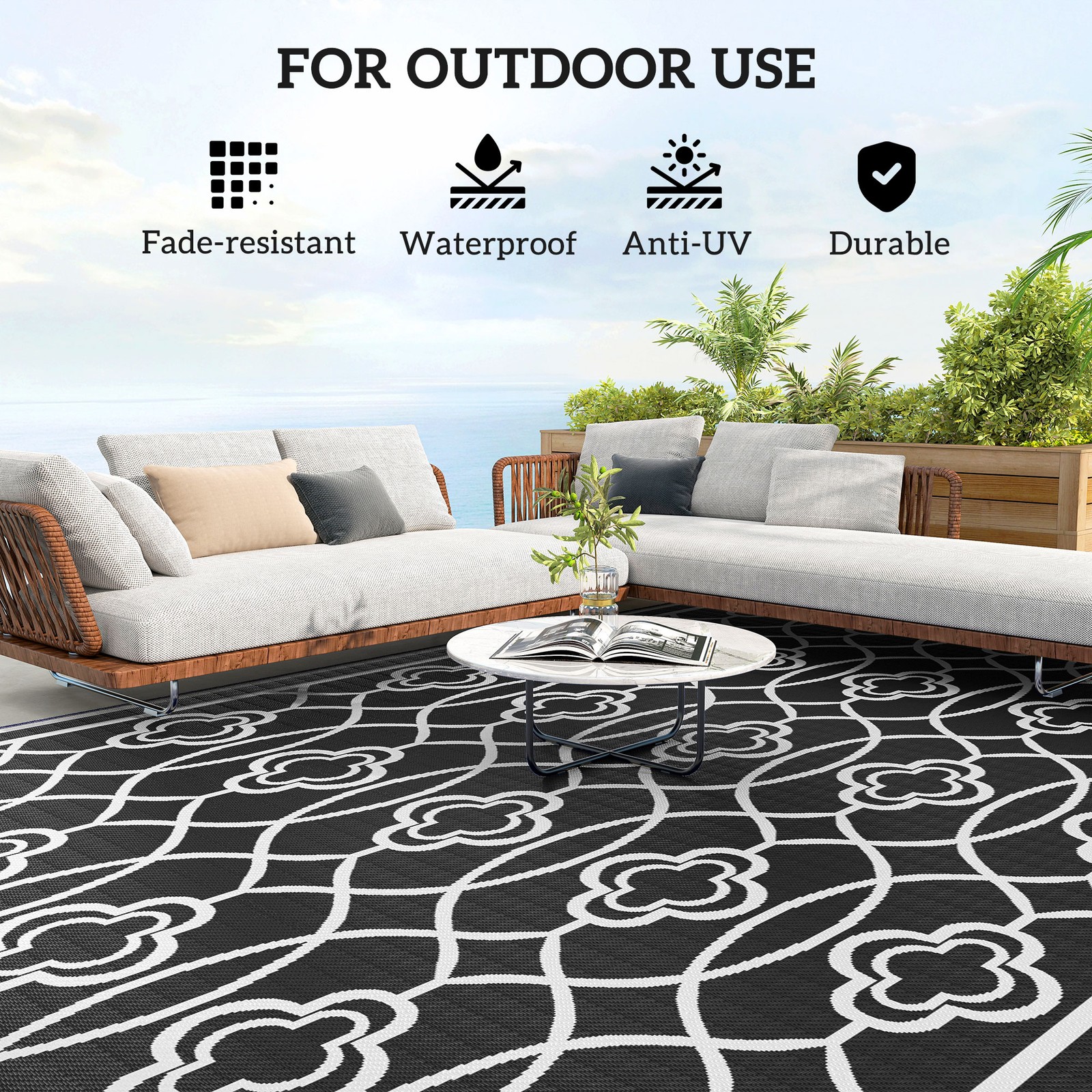 Outsunny Outdoor Rug, 9′ x 18′ Floor Mat, Black White Lantern