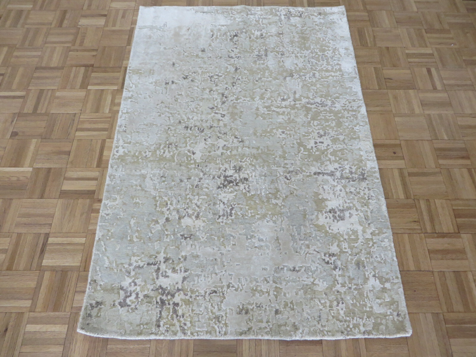 4 x 5’10 Hand Knotted Beige Fine Modern Abstract Oriental Rug With Silk G9657
