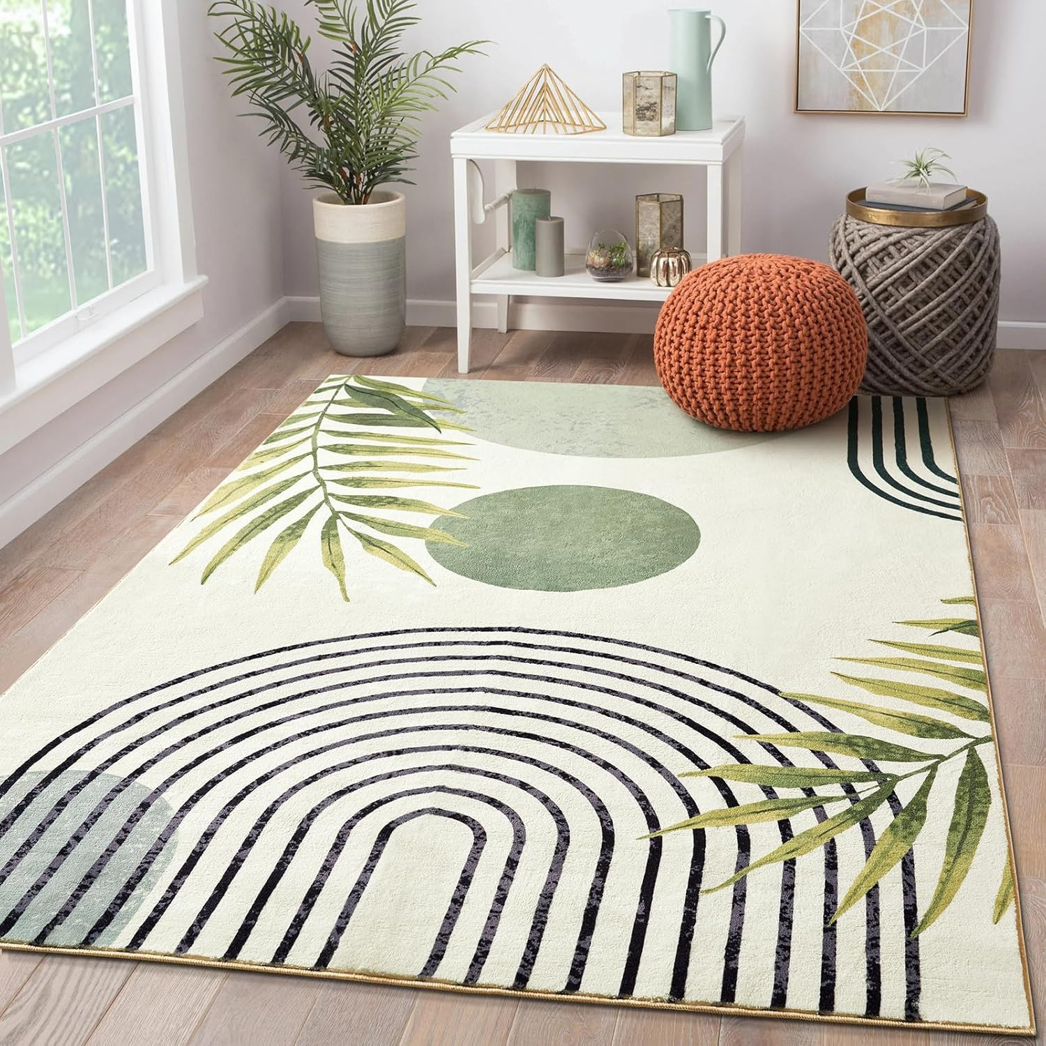 Mid Century Modern Washable Rug, Green Boho Cute Aesthetic 5X7 Area Rugs for Bed