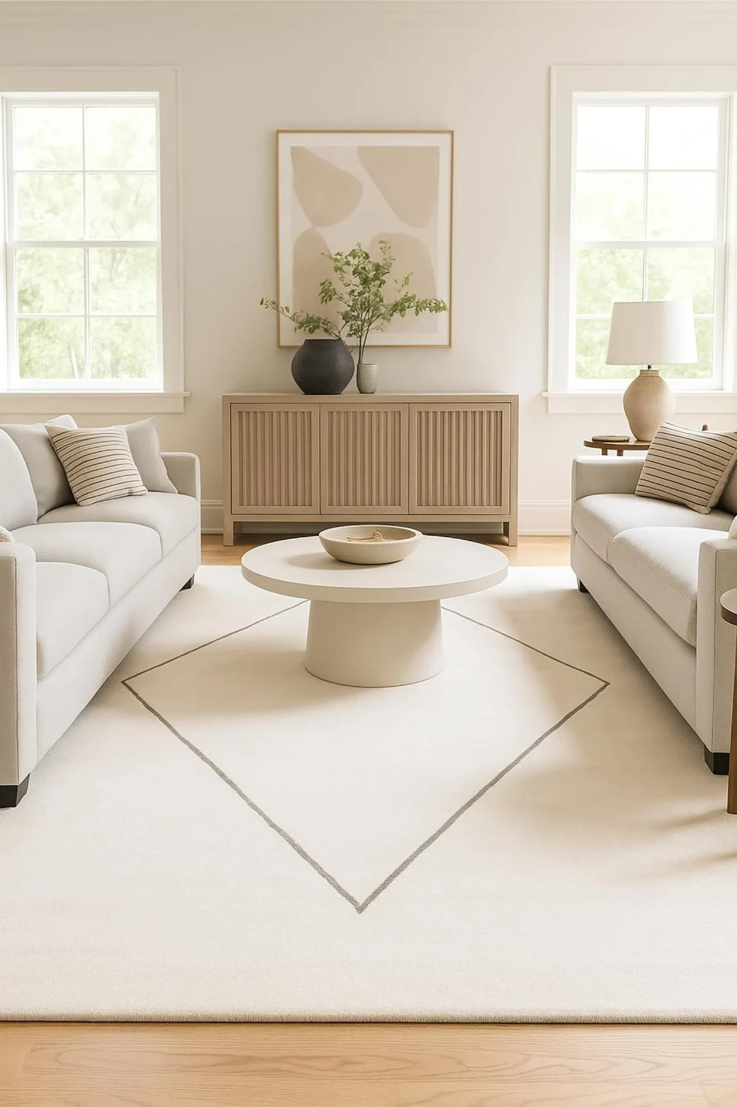 Hand Tufted Cream Wool Rug, Modern Geometric Line Design Handmade Carpet