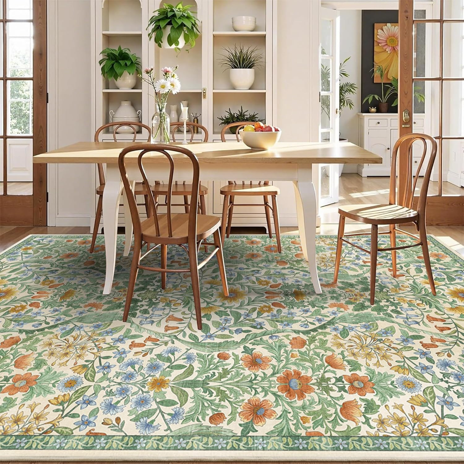 5×7 Grass Green Washable Floral Area Rug,Vintage Boho Soft Low-Pile Living Room