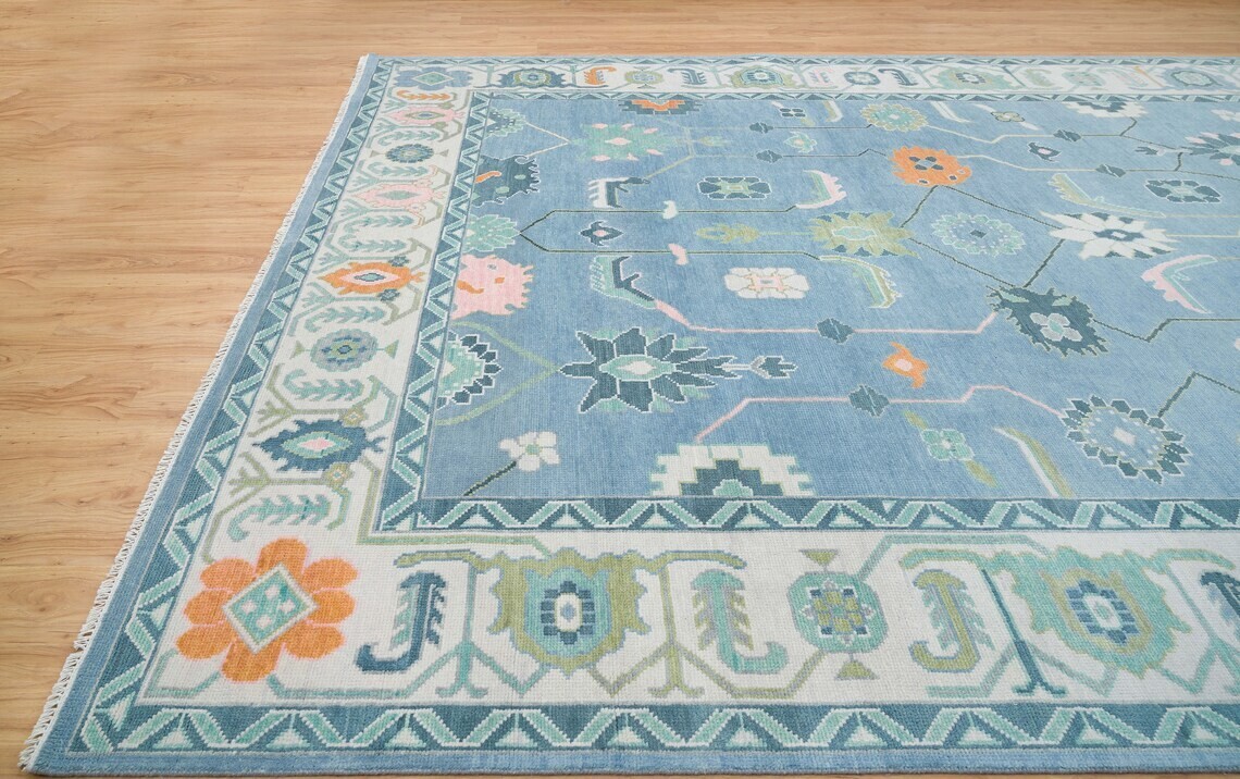 Frost Blue 8’X10′ Oushak Rug With Ivory, Lovely Pastel Area Rug With Orange
