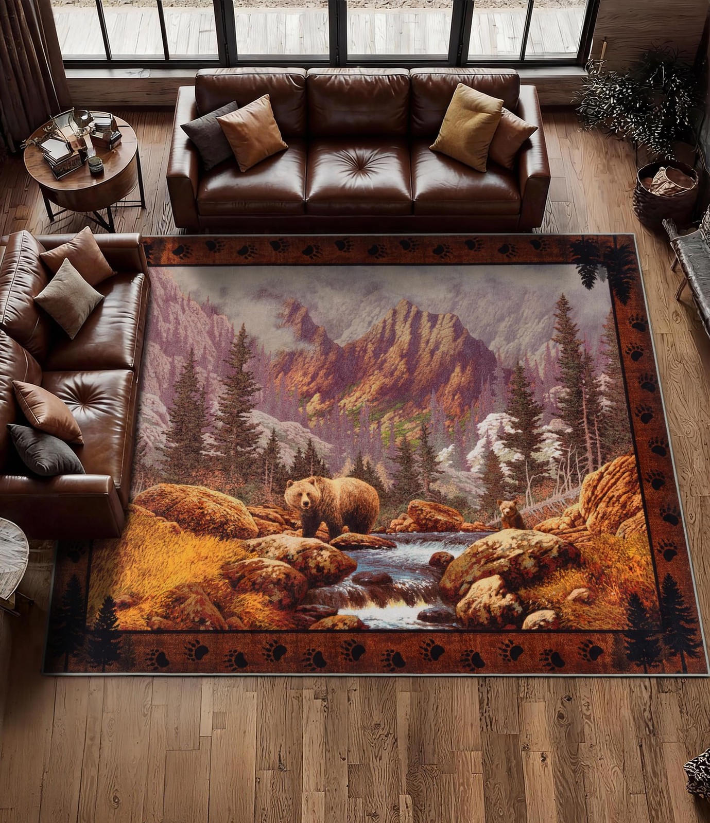 Rustic Cabin Area Rug for Bedroom 6×9,Machine Washable Woodland Bear Rug,Non-…