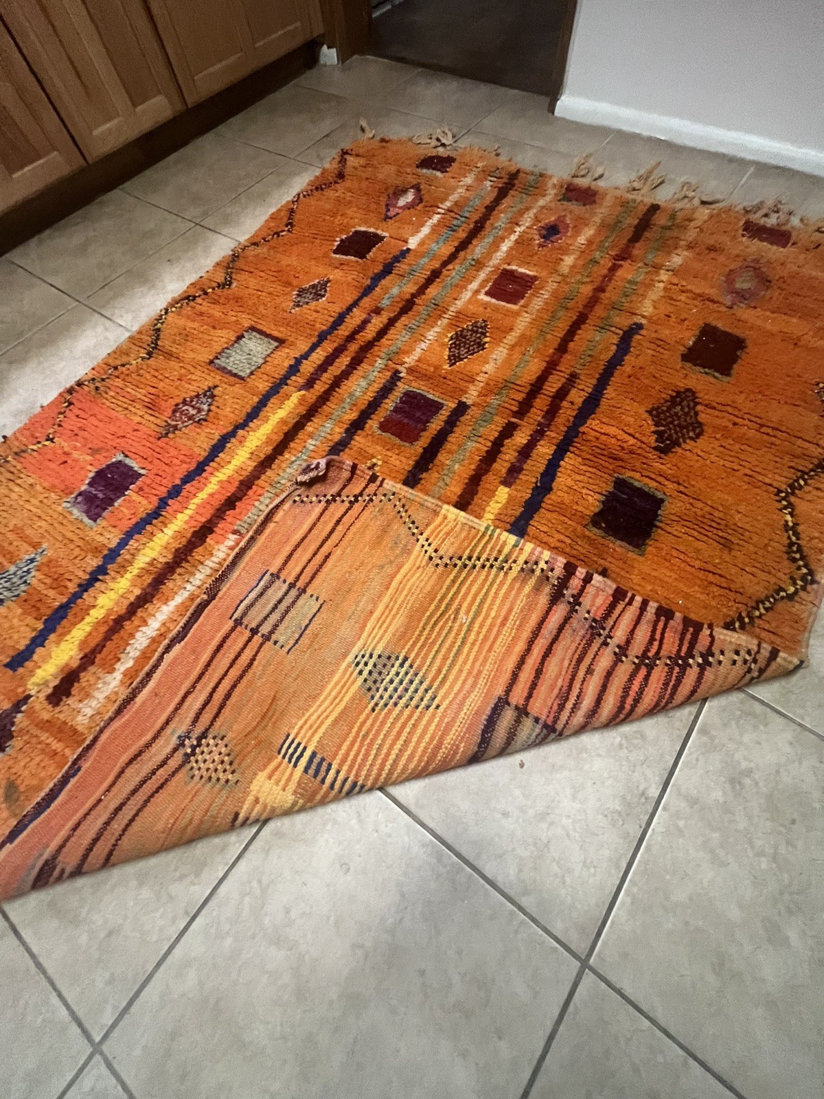 Moroccan Handmade Vintage Rug 5 x 6’3 Berber Striped Orange Wool Carpet Eames