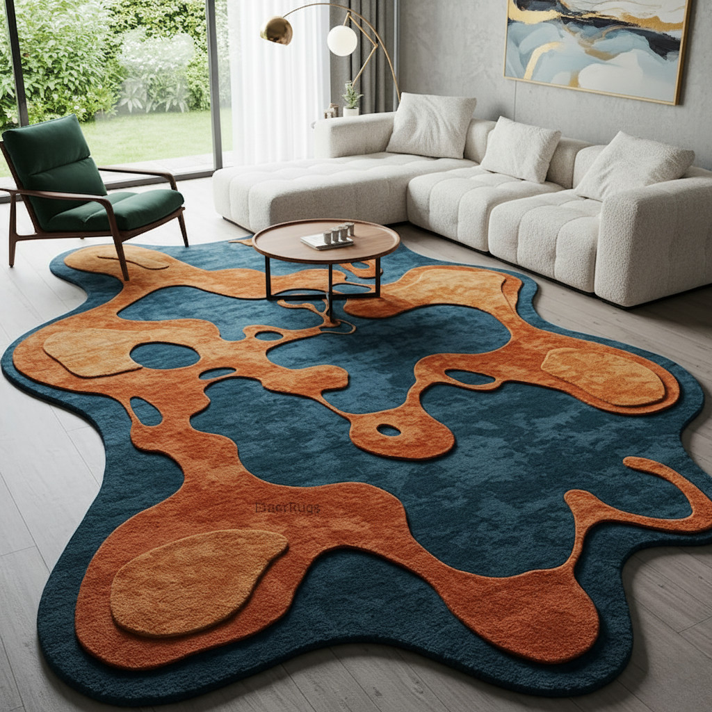 Blue Burnt Orange Hand Tufted Irregular Amoeba Shape Wool Rug for Kids Room
