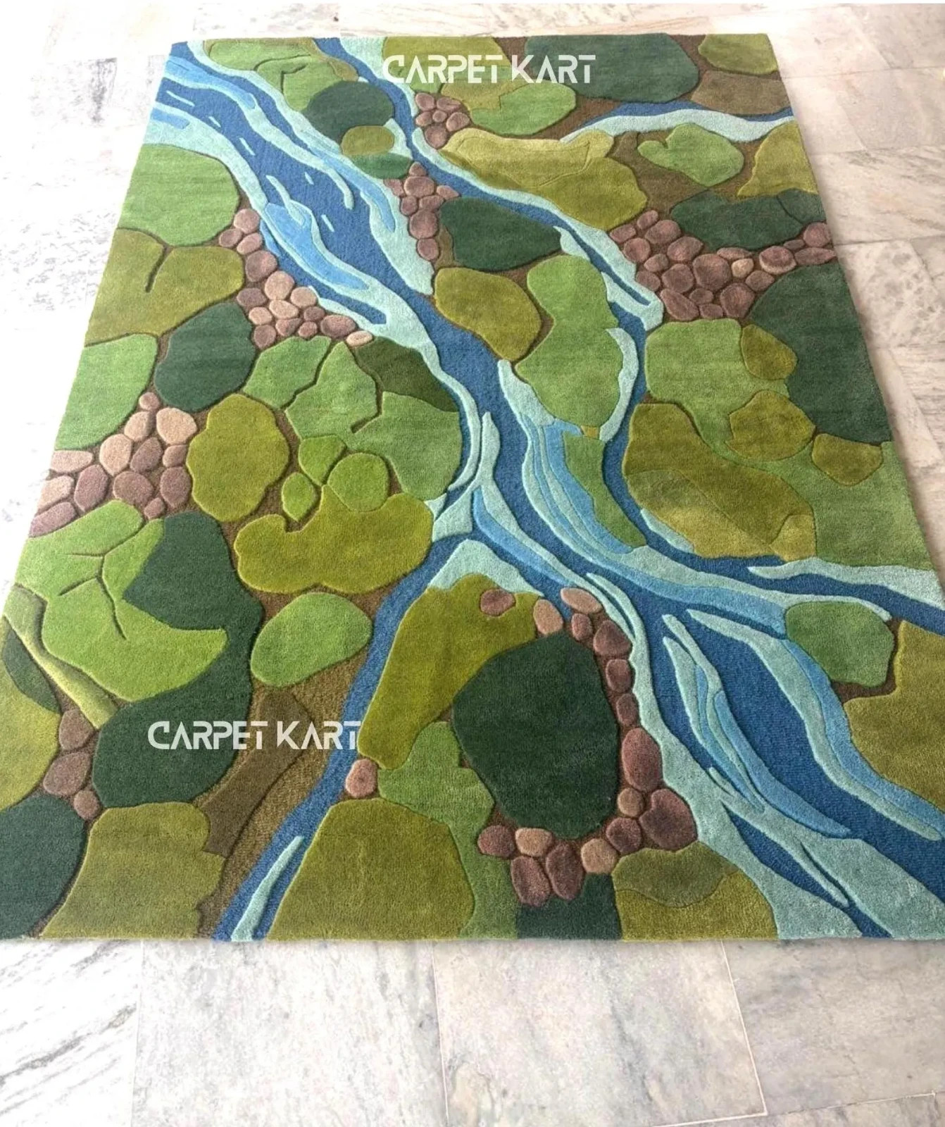 Hand tufted wool rug 8×10 9×12 new zealand wool rug – 3d Green Forest Koi River