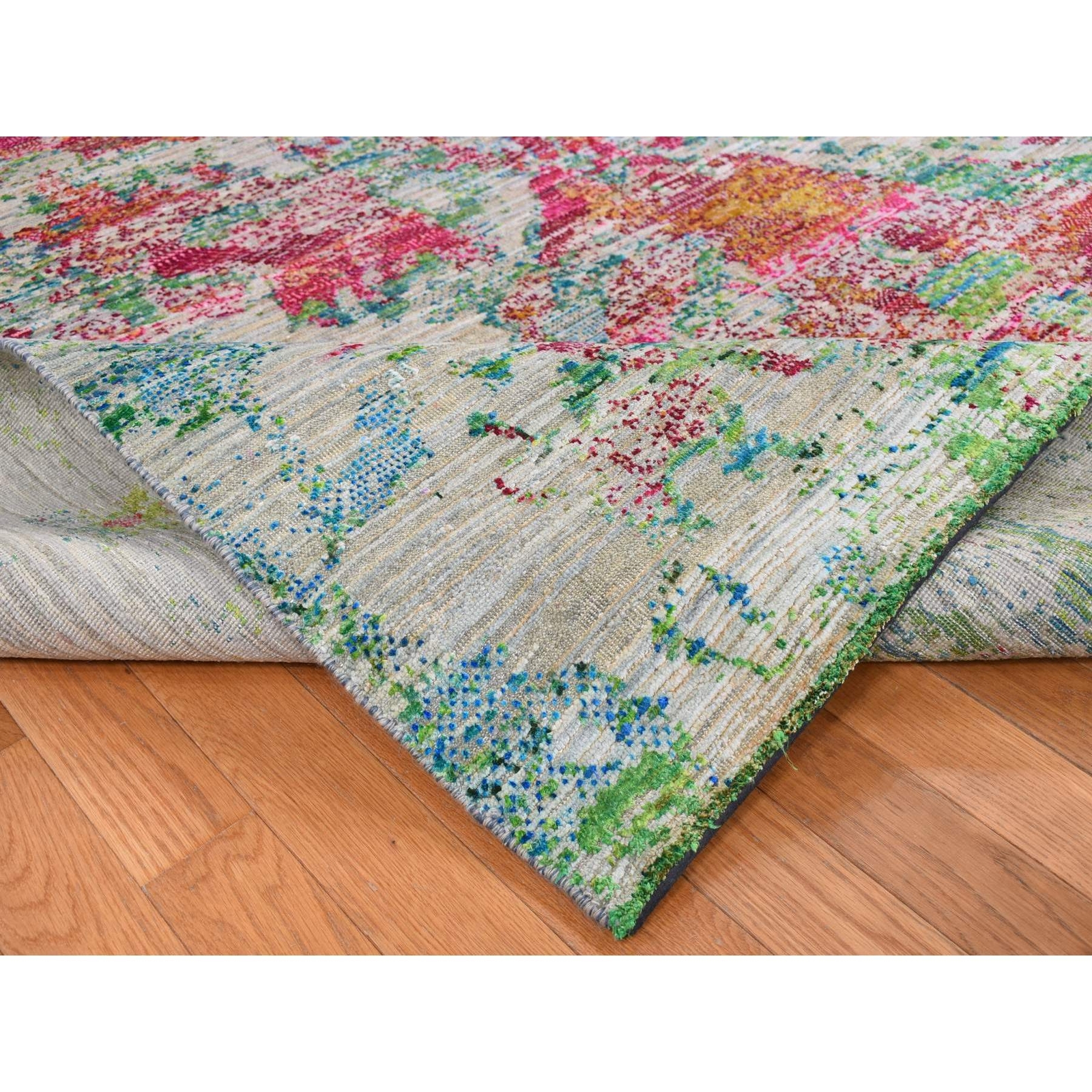 8’10” x 12’2″ Gray Abstract Design Sari Silk with Wool Hand Knotted Rug R87140