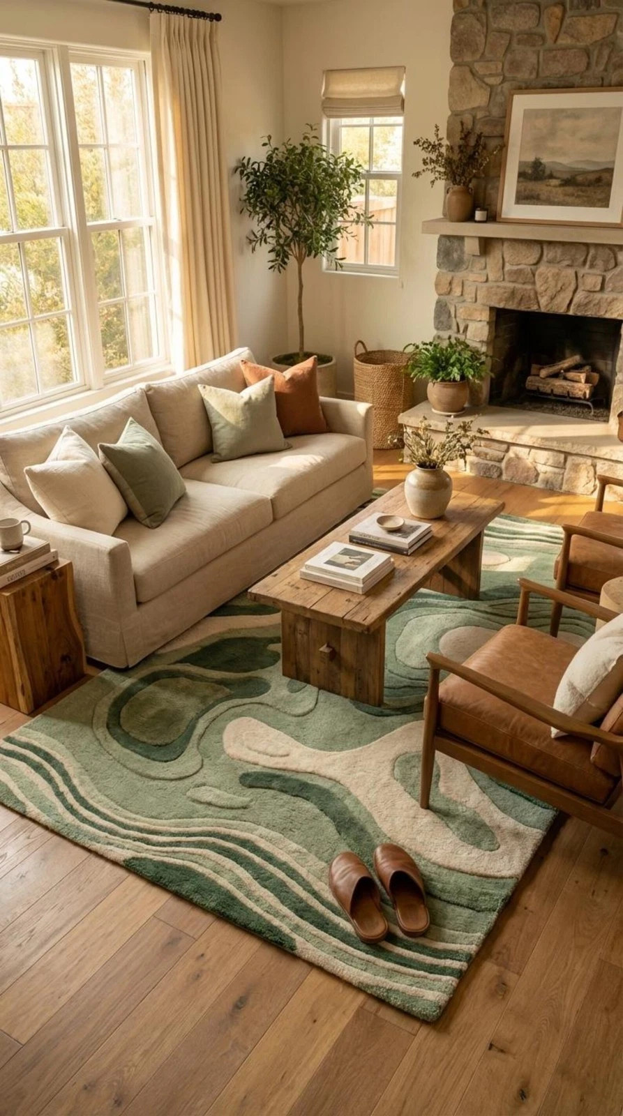 Hand Tufted Green Abstract Rug, Modern Organic Area Rug, Wool Living Room Carpet
