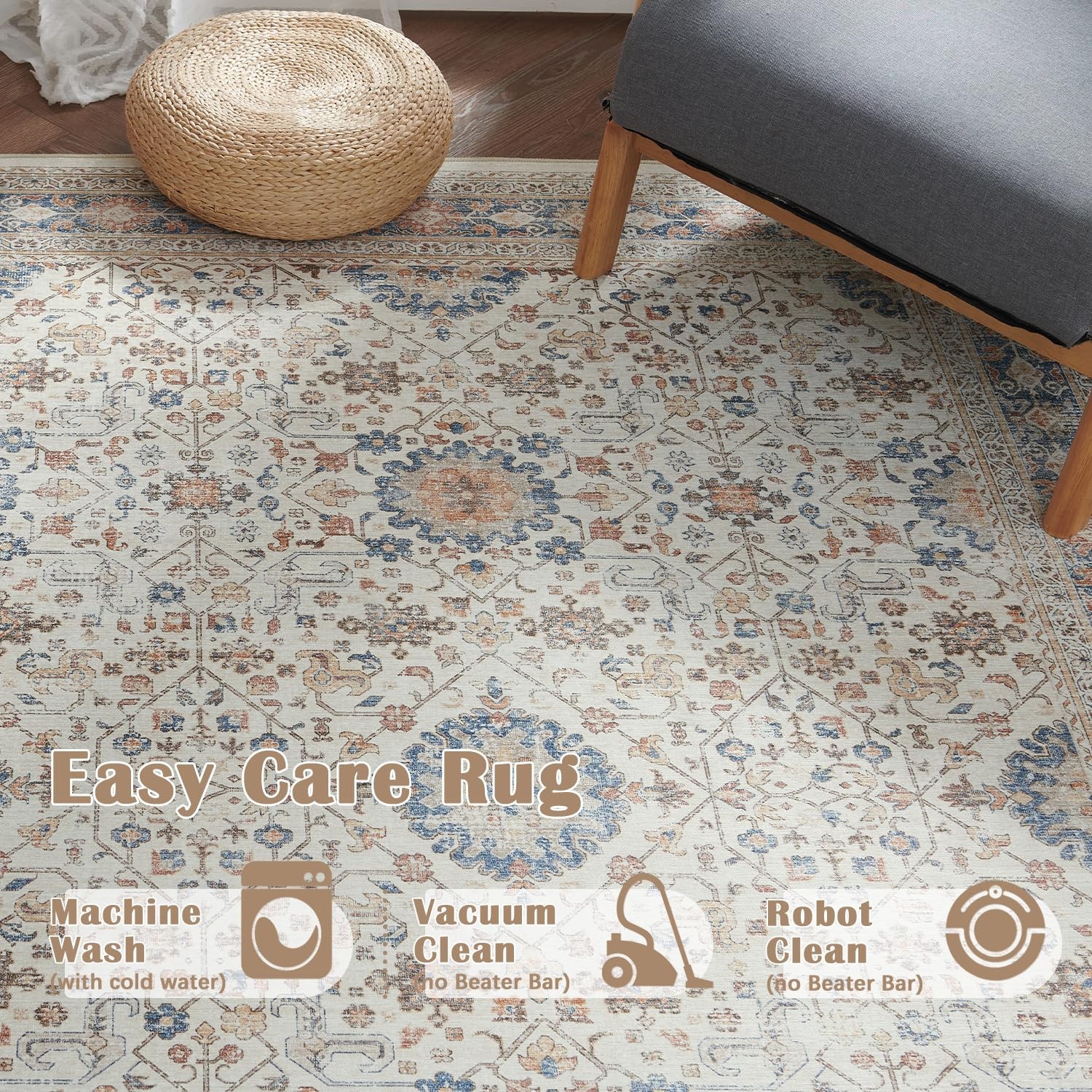 Area Rug 2×3 Washable Entryway Rug Distressed Orange Multi Vintage Floral Kit…