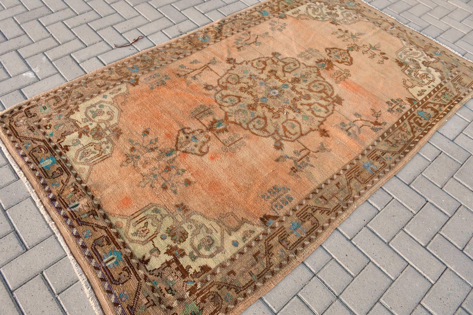 Vintage Turkish Rug, 4,4×7,6 ft Area Rug, Brown Blue Polka dot Wool Rug