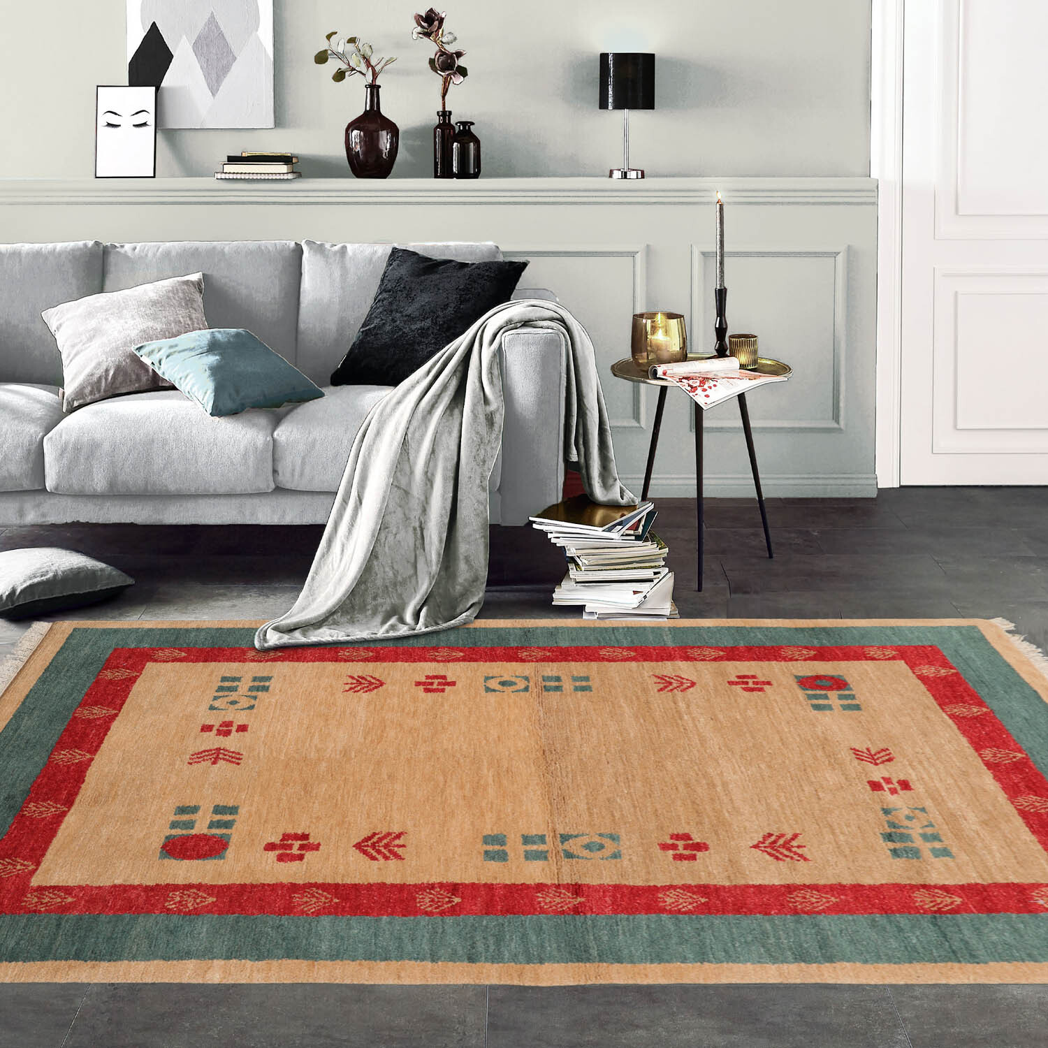 4×6 Beige Hand Knotted Tibetan Contemporary Pictorial Wool Area Rug