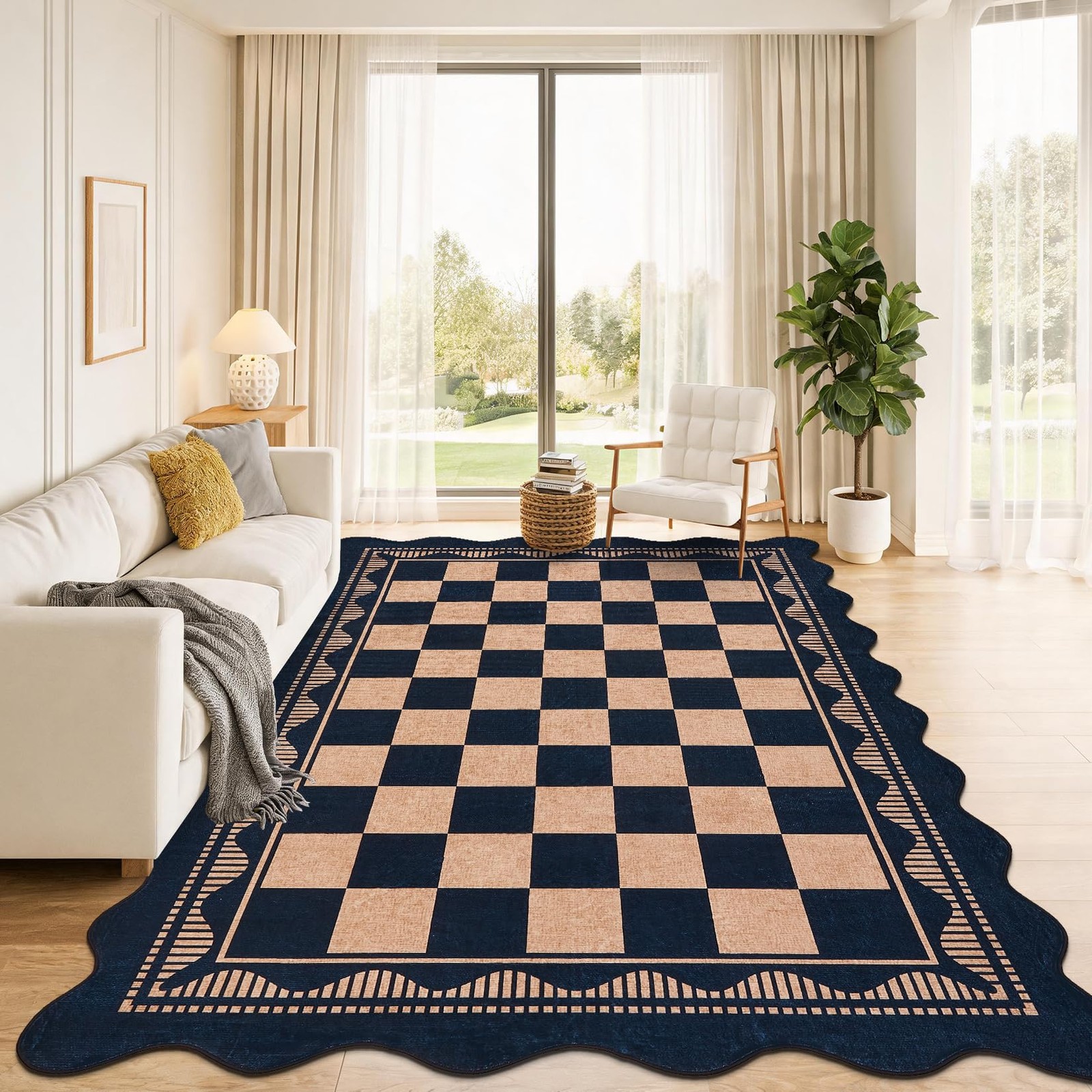 Scalloped Checkered Black Coffee Washable Area Rug Living Dining Bedroom Nursery