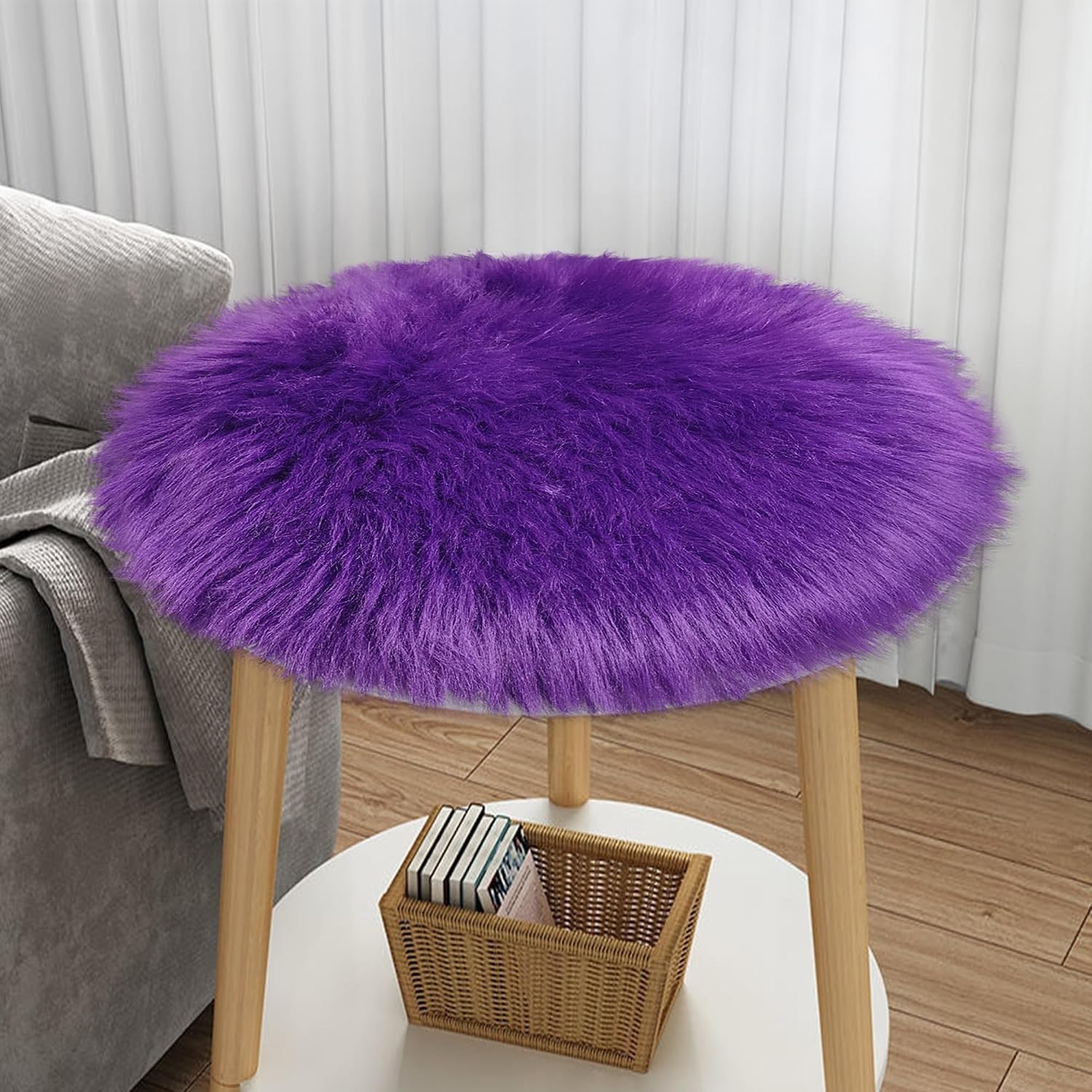 Faux Sheepskin Circle Rug 2ft Purple Plush Shaggy Mat Seat Pad Sofa Throw Decor