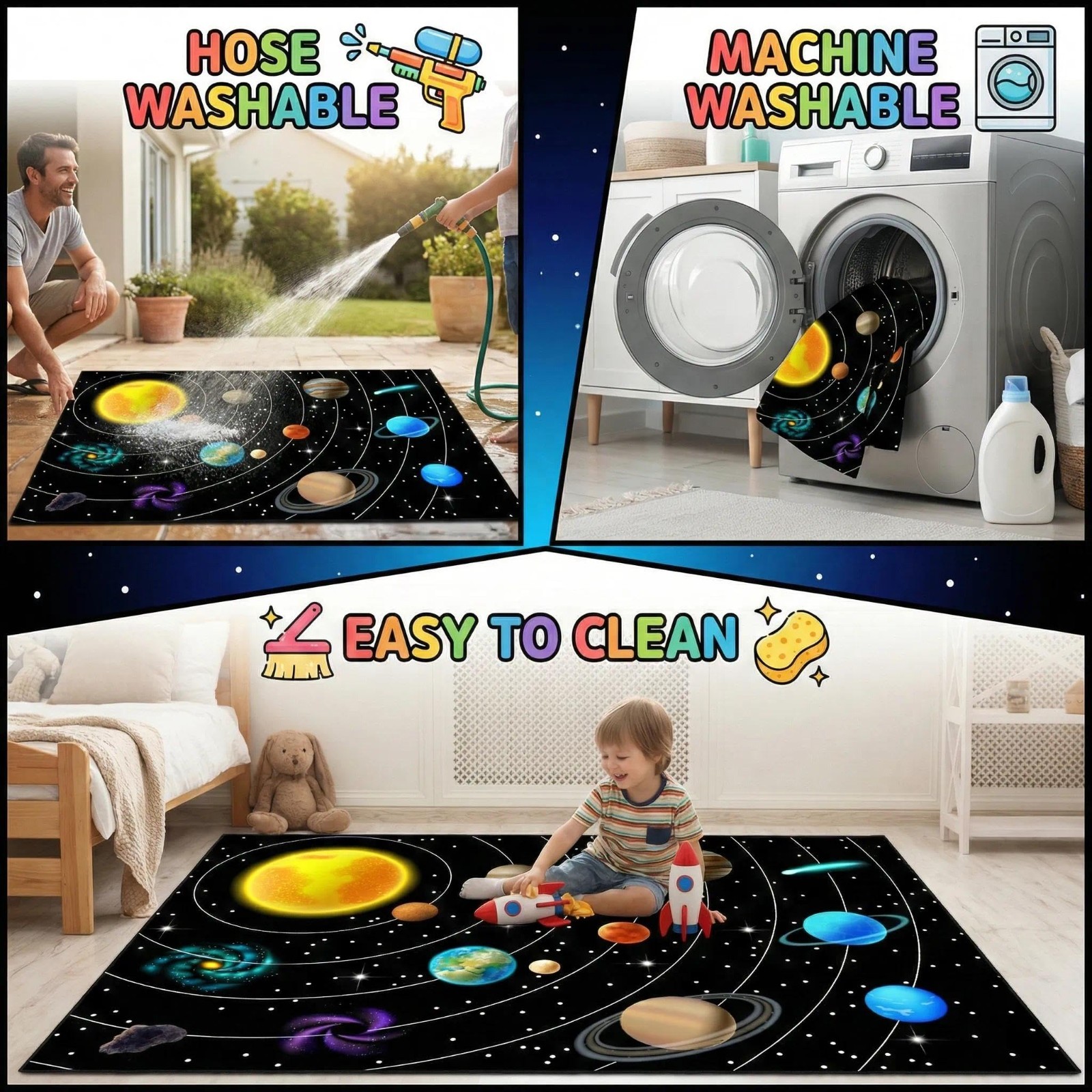 Solar System Space Rug 3’×5′ for Kids Room – Educational Planet Carpet for Playr