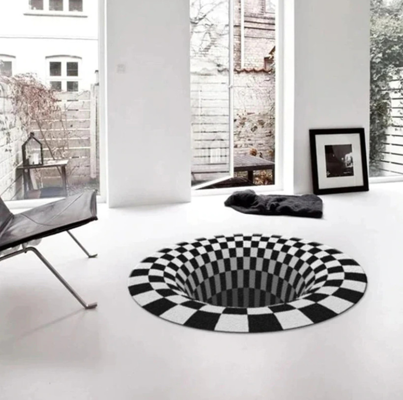 3D Trap Effect Bottomless Hole Carpet Round Black White Grid