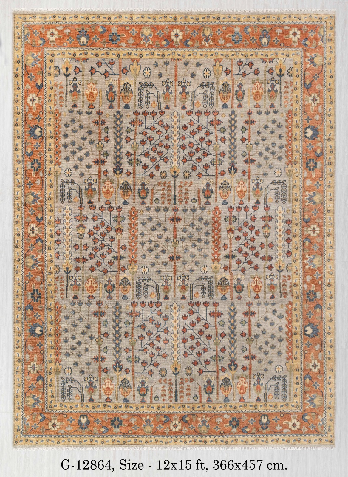 12X15 Classic Persiann Tree of Life Gray Rust Handmade Large Area LivingRoom Rug