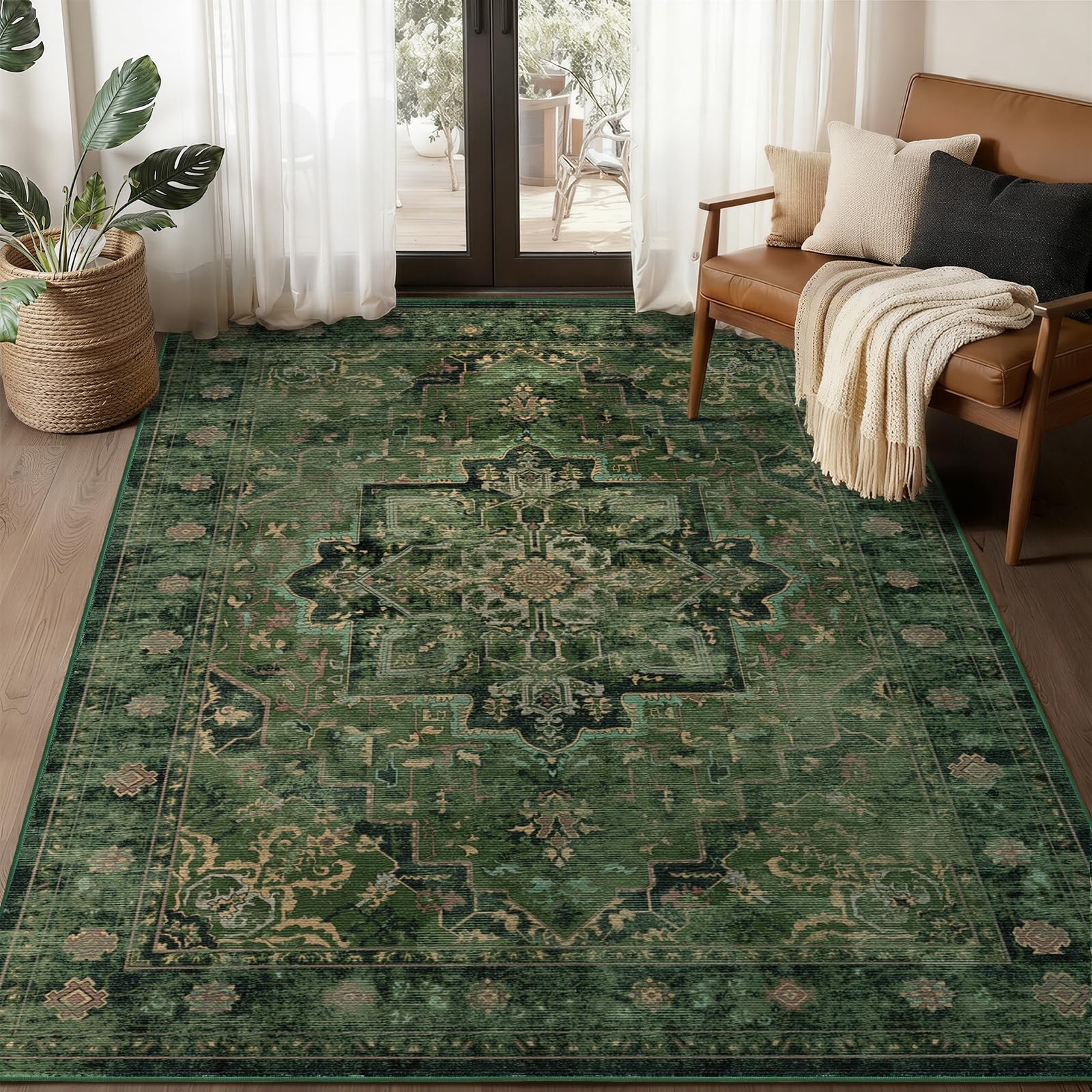 Vintage Dark Green Area Rugs 5×7 for Living Room, Tranditional Distressed Med…
