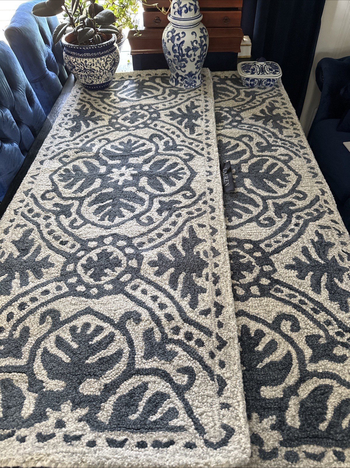 Ralph Lauren Nina Wool Hand Tufted Blue/ivory/ Gray 2×5 Runner New 2