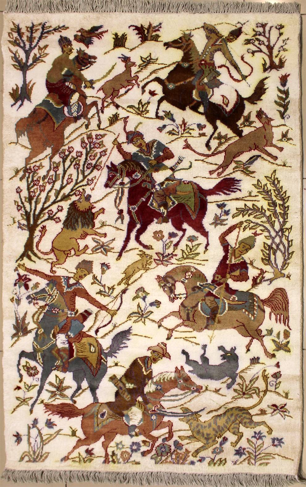 Rugstc 3×5 Pak Persiann Ivory Rug, Hand-Knotted,Pictorial Hunting,Silk/Wool