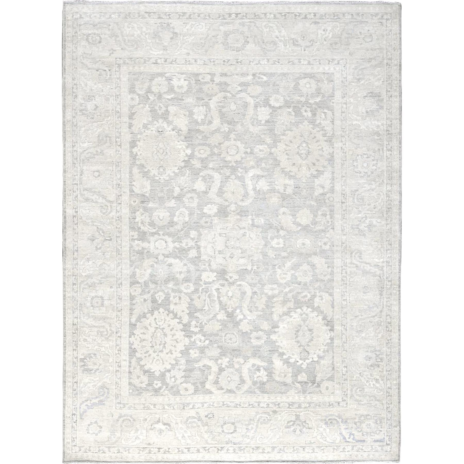 8’9″x11’10” Gray White Wash Peshawar Leaf Design Hand Knotted Pure Wool Rug R924