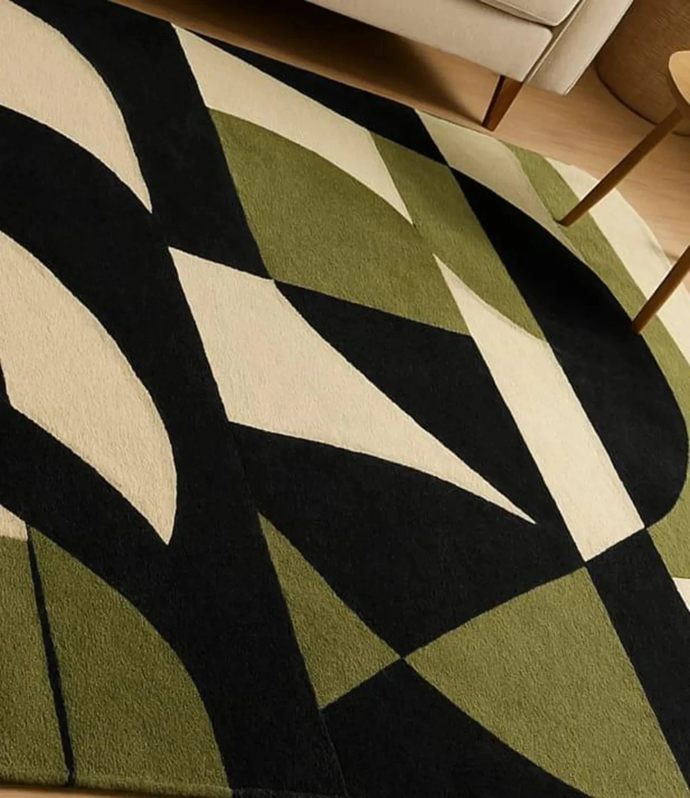 New Hand-Tufted Wool Rug: Modern Geometric Black, Green, and Beige Accent Carpet