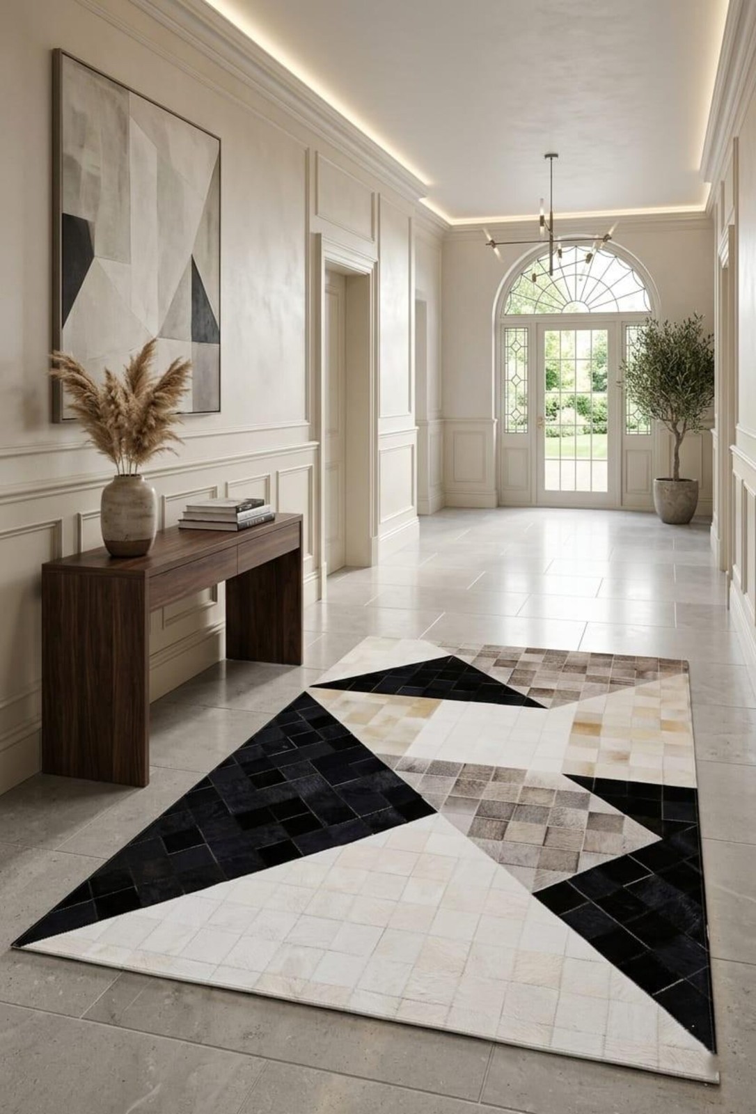 Modern Geometric Cowhide Patchwork Rug Handmade Leather Area Rug Black Ivory Bei
