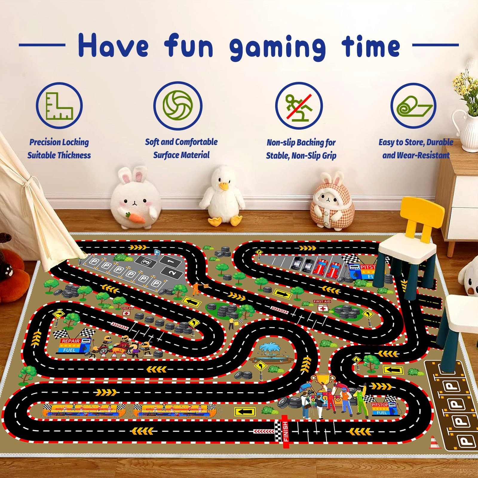 Kids Car Rug 47”x71” Race Track Playmat for Toy Cars – Indoor Outdoor Play