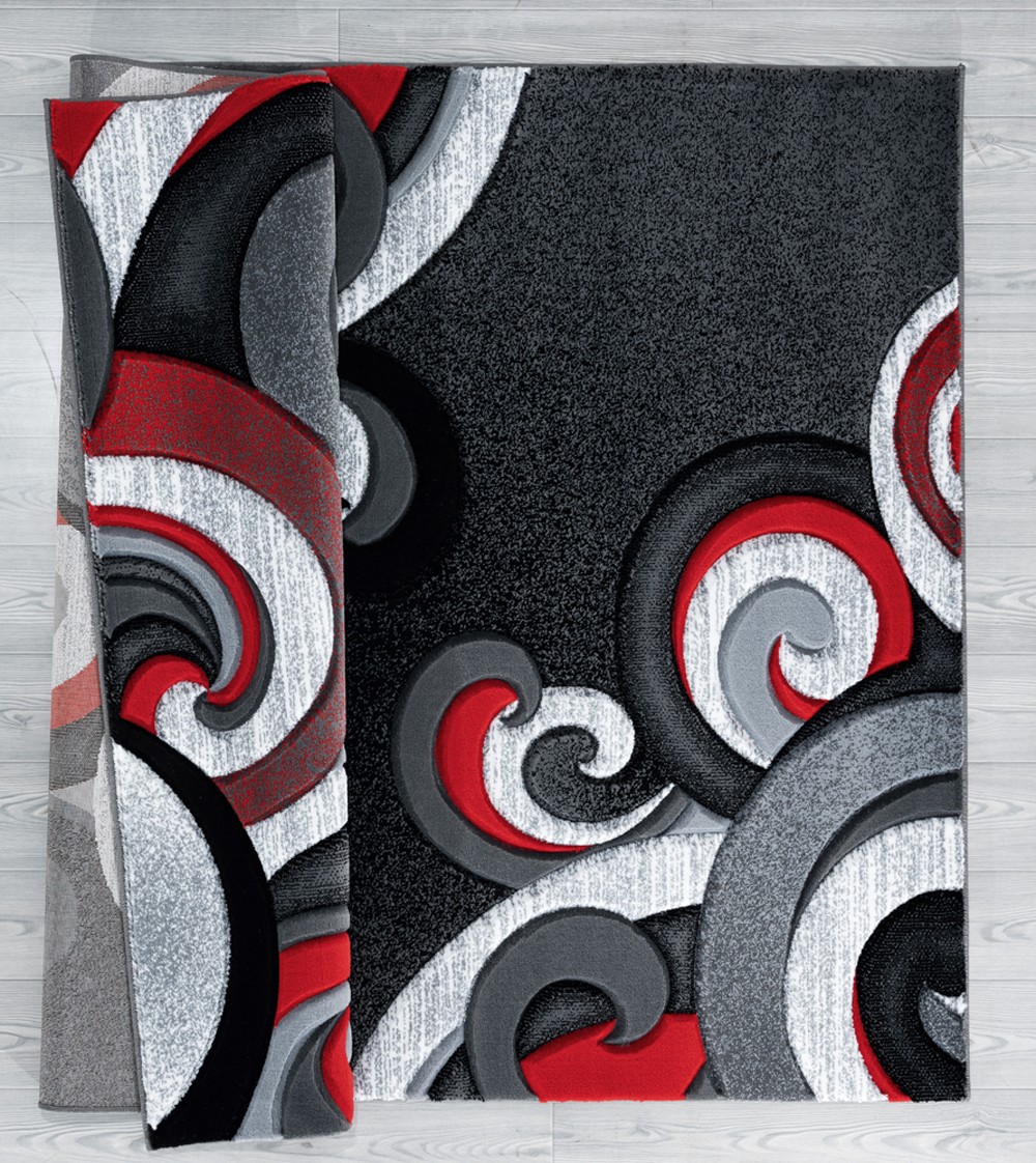Red Geometric Machine Made Stripes Swirls Loops 2050 11330 – Aprx 2’7″x4’2″