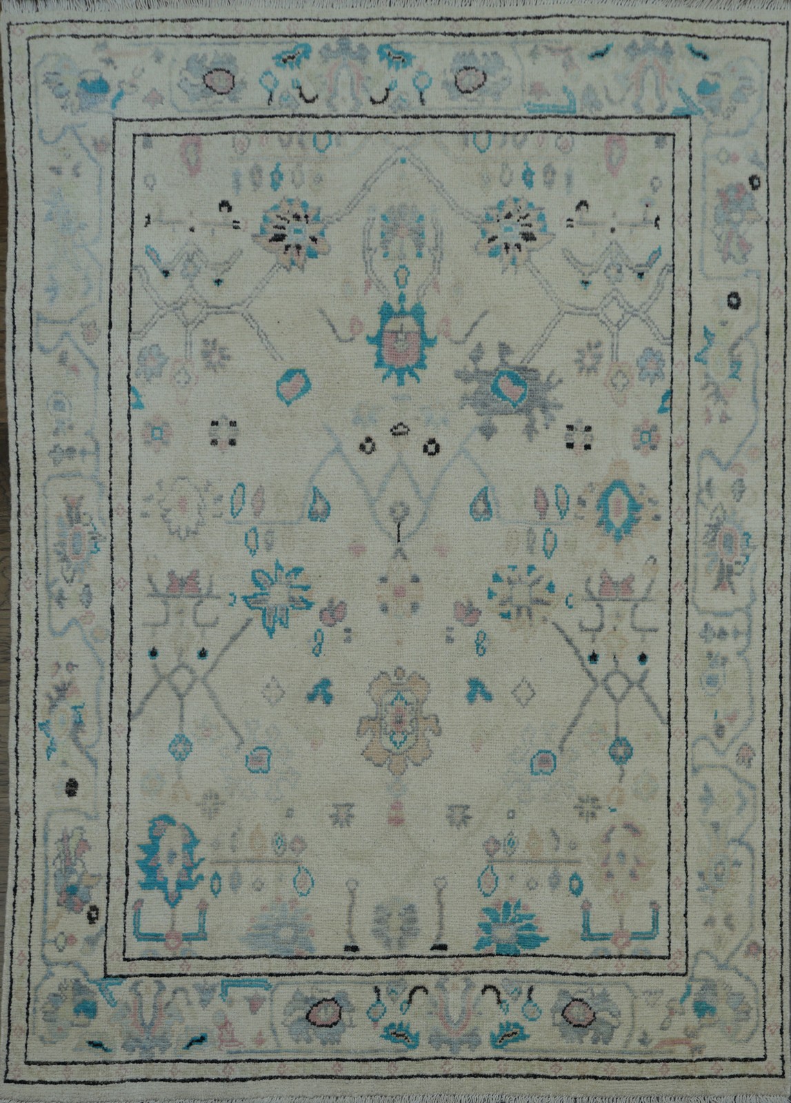 Floral Oushak Turkish Area Rug 5×6 Ft Handmade Beige Oriental Foyer Wool Carpet
