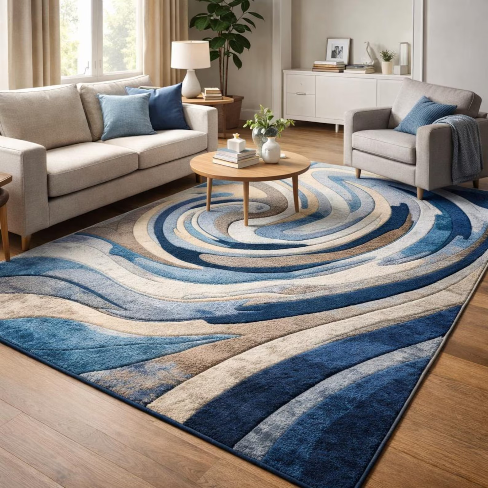 Modern Abstract Swirl Hand Tufted Wool Rug Blue Beige Living Room Area Carpet