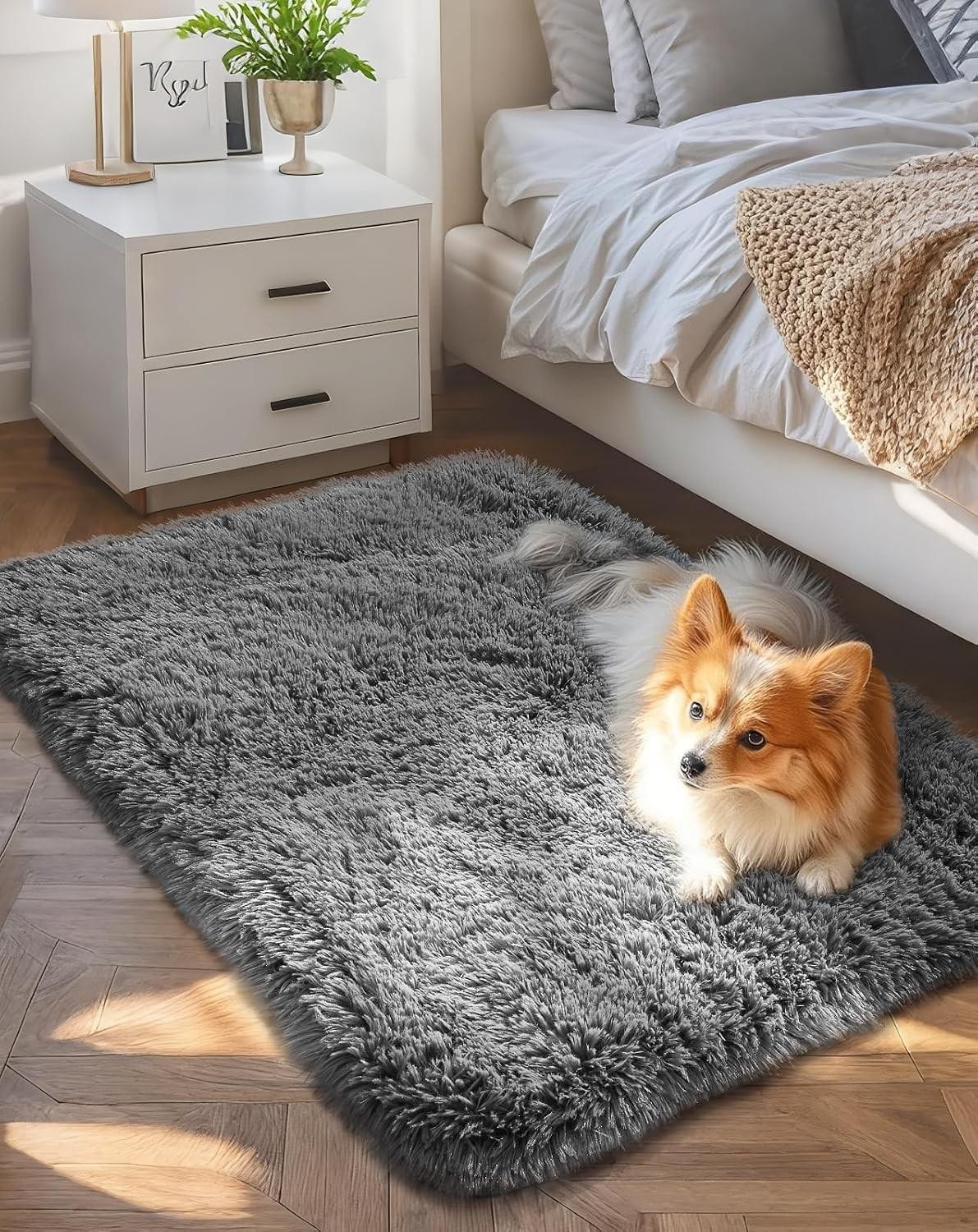 Ophanie Small Rug Upgrade Non Slip Throw Bedside Area Rugs, Fluffy Soft Grey Min