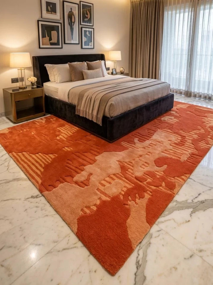 Modern Abstract Orange Wool Rug Terracotta Rust Hand Tufted Living Room Carpet