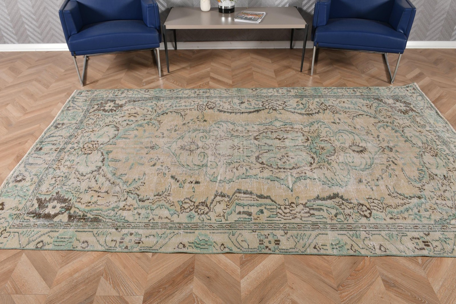 Turkish Vintage Large Rug 5,2×9 ft, Blue Brown Camouflage Wool Rug