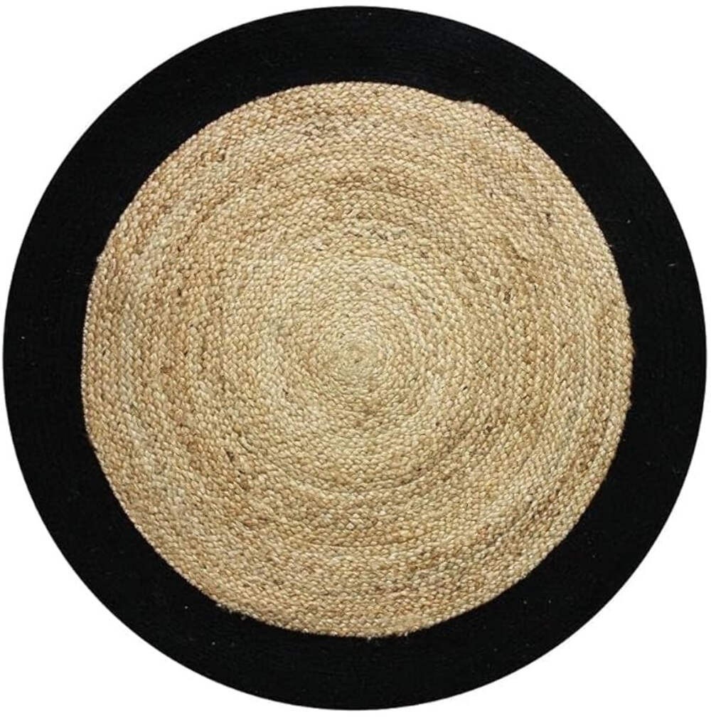 Handmade Natural Jute Round Floor Area Rug with Contrast Border |Coastal Area Ca