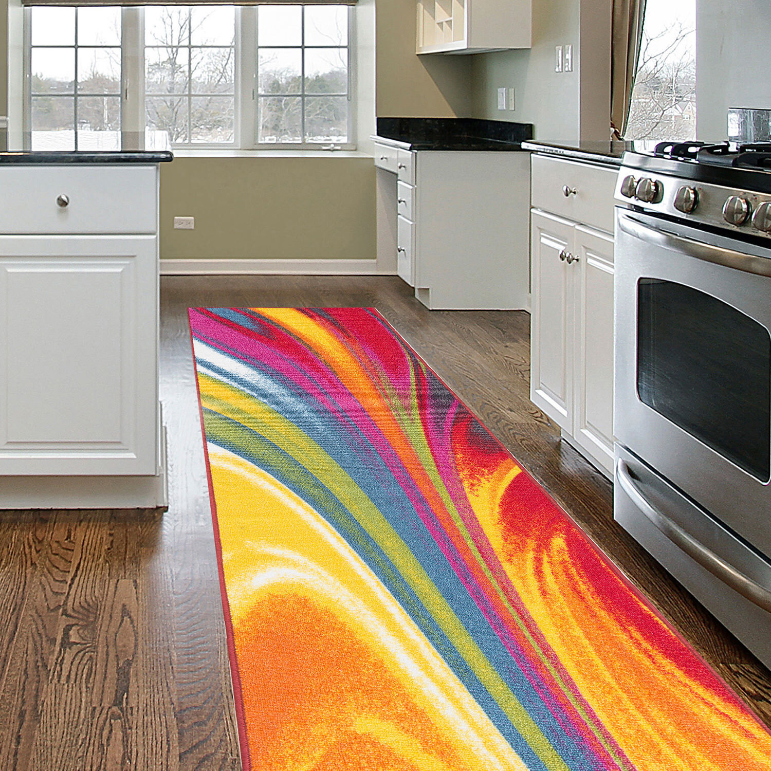 Rugshop Kitchen Rugs 2×10 Contemporary Waves Multicolored Non-slip Hallway Rugs