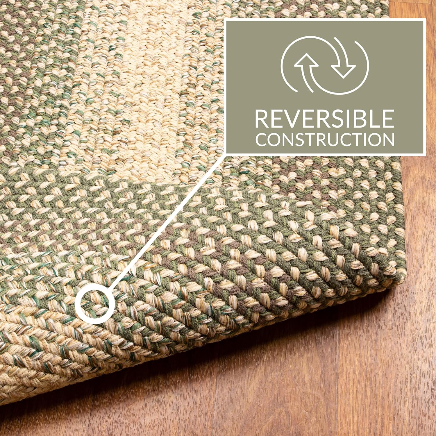 Reversible 4Ft Round Braided Rug in Forest Green/Beige for Kitchen & Dining