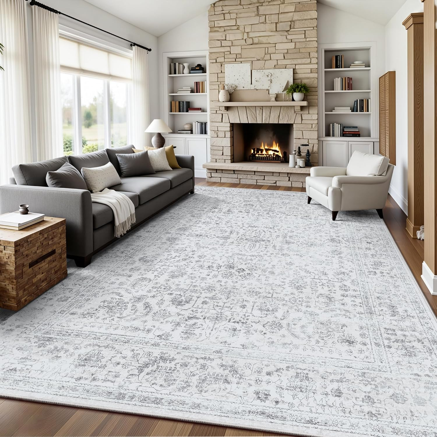 8X10 Area Rugs for Living Room, Washable Vintage Retro Floral Rug, Low Pile Non