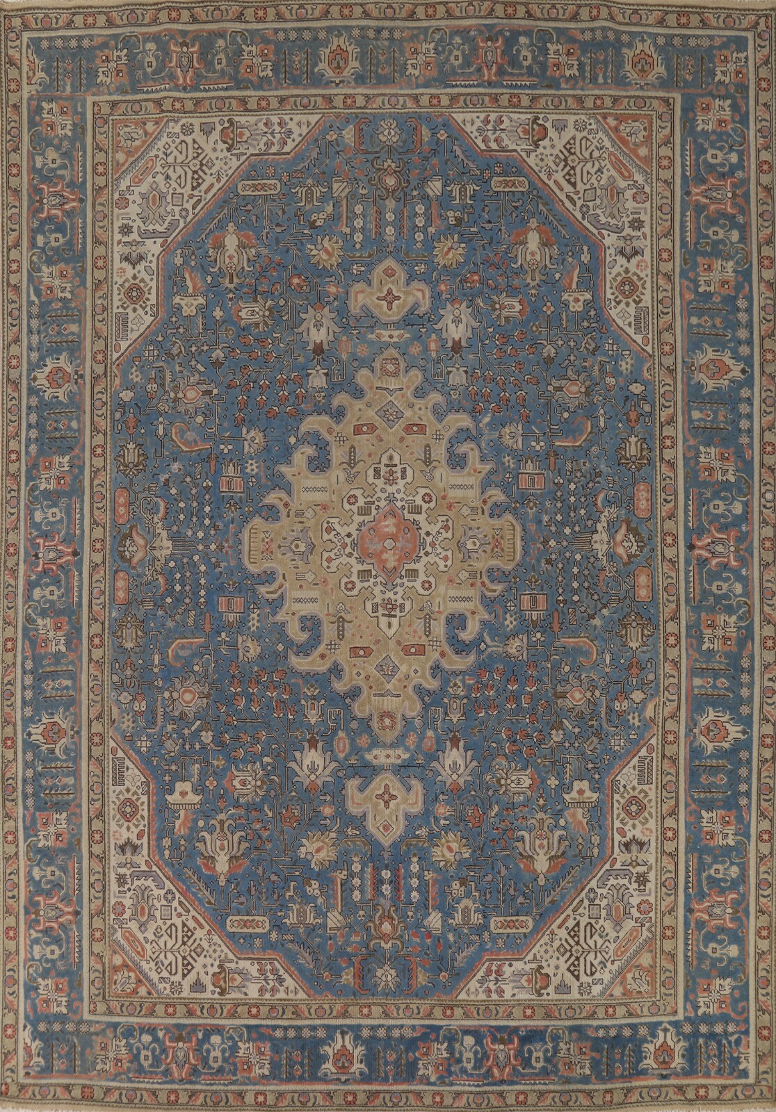 Overdyed Blue Floral Tebriz Vintage Rug 10’x13′ Wool Handmade Living Room Carpet