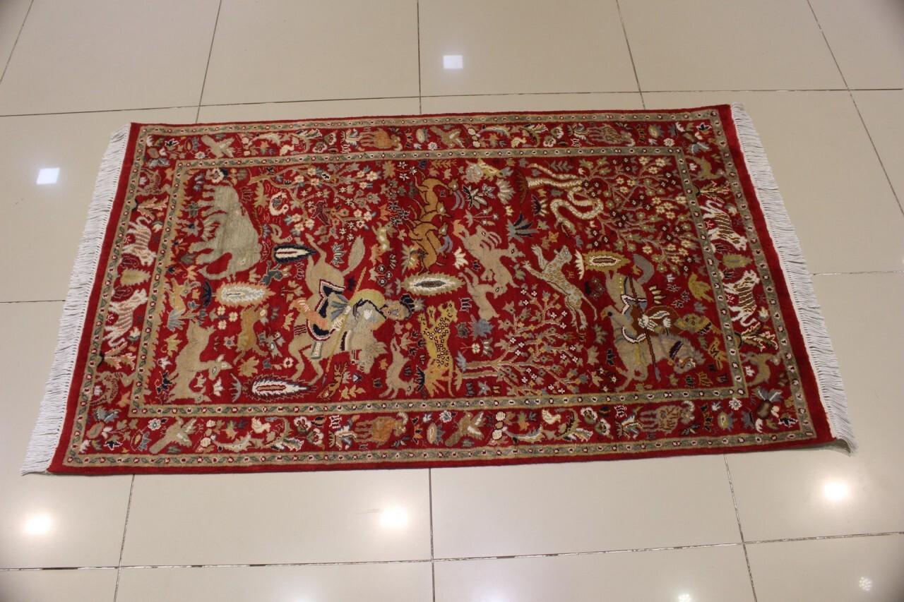 Rugstc 3×5 Senneh Pak Persiann Red Rug, Hand-Knotted,Pictorial Hunting,Silk/Wool