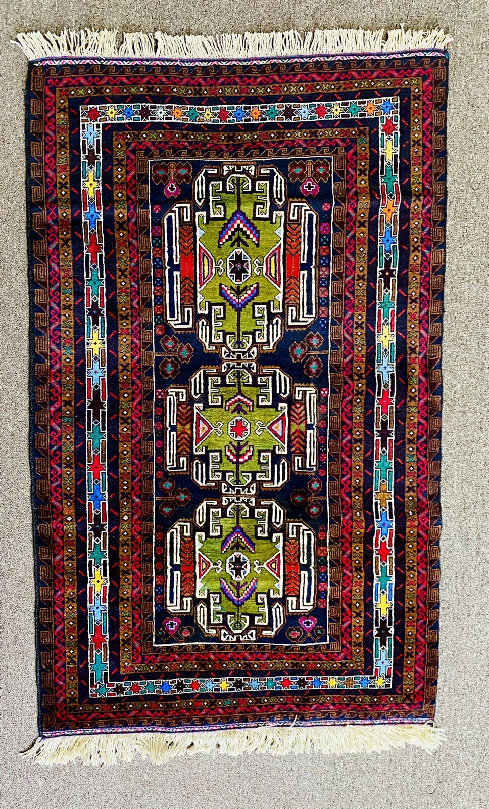 Afghan Hand Made Multi Color Carpet/Rug 3.9×6.3 Ft. (For Living Room, Bedrooms).