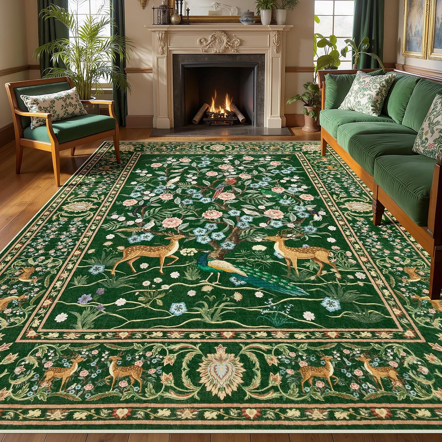 6X9 Area Rug for Living Room, Vintage Boho Peacock Deer Floral Washable Rugs Non